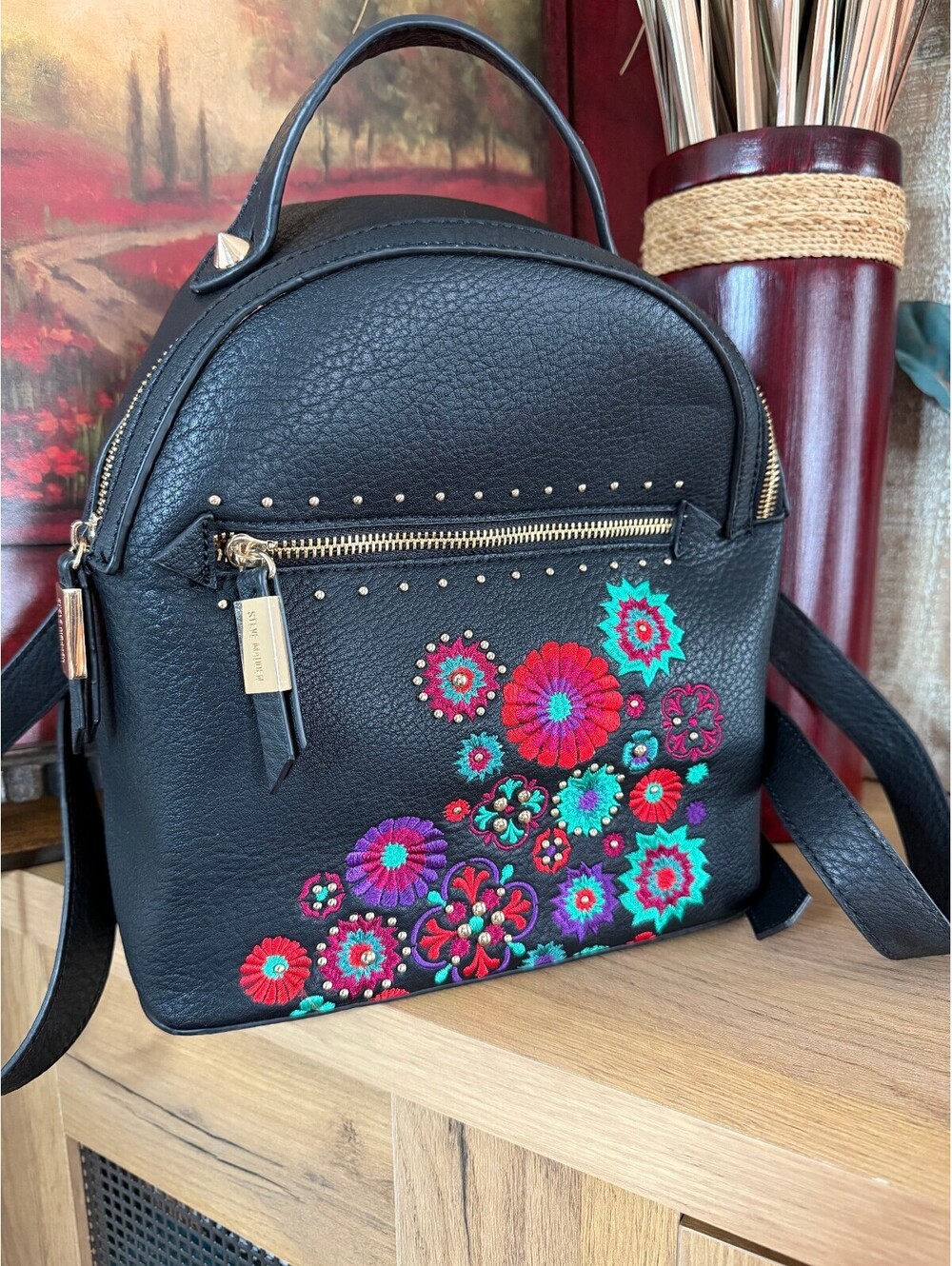 Steve Madden Black Floral Embroidered Faux Leather Backpack